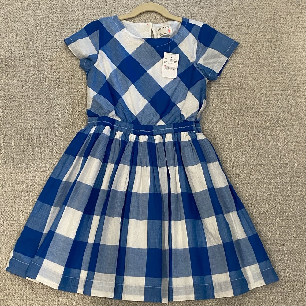 Crewcuts girls A-line plaid dress, blue and white, size 8
